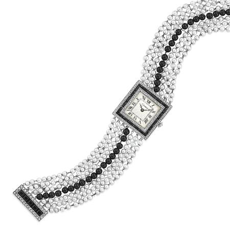 Appraisal: Art Deco Diamond Black Onyx and Pearl Bracelet-Watch Cartier Estimate