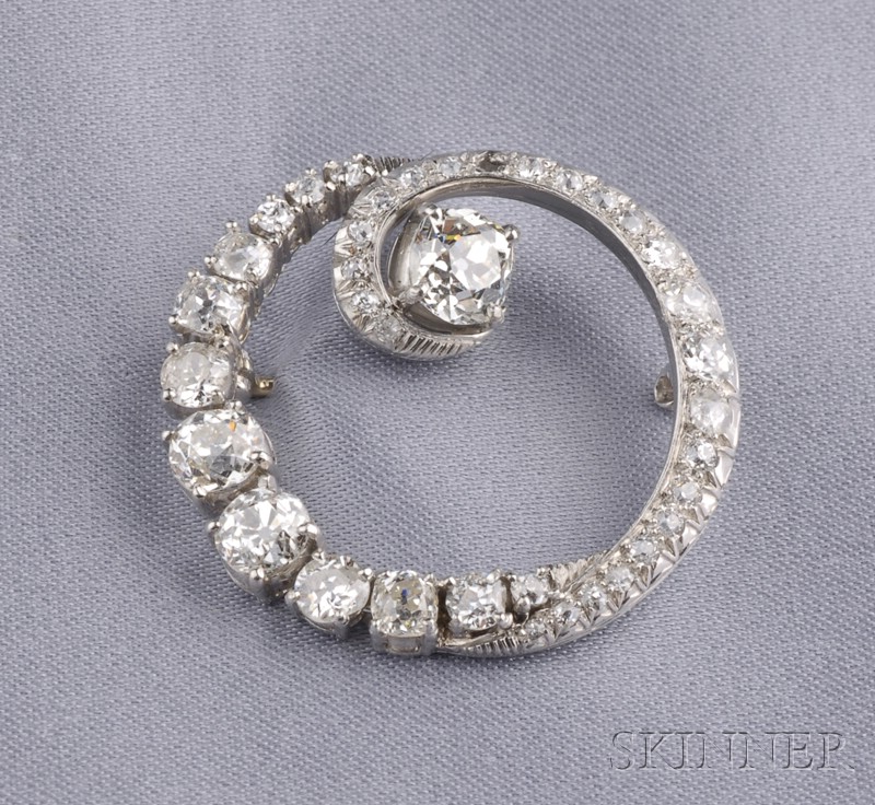 Appraisal: Platinum and Diamond Circle Brooch prong-set with an old mine-cut