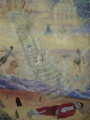 Appraisal: Signed Mixed Media Watercolor Jacob's Ladder Signed indecipherably lower right