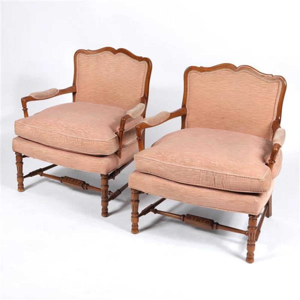 Appraisal: PAIR VINTAGE FRENCH PROVINCIAL ARMCHAIRS PARLOR LOUNGE CHAIRS Pair vintage