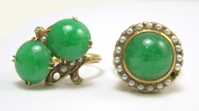 Appraisal: TWO JADE AND FOURTEEN KARAT GOLD RINGS yellow gold ring