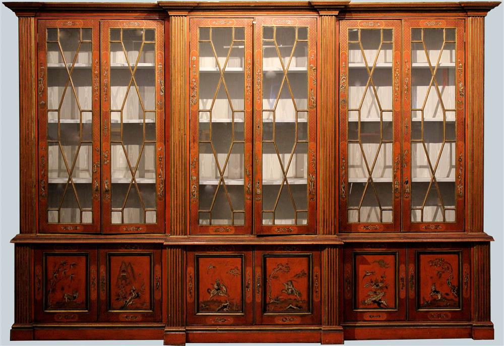 Appraisal: MONUMENTAL RED CHINOISERIE BREAKFRONT in multiple sections having a molded