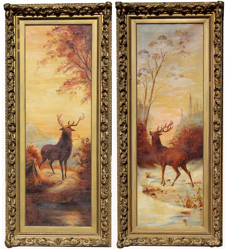 Appraisal: Large Paintings of Stags in Winter Landscape Large Antique Paintings