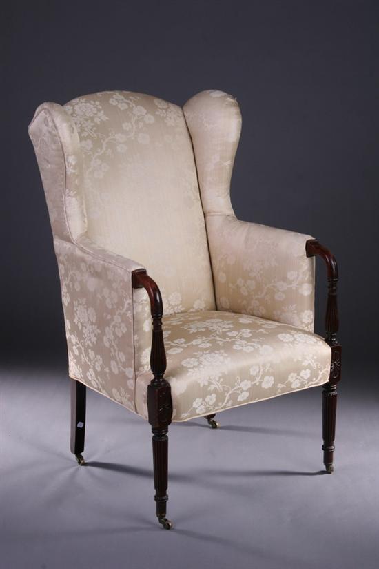 Appraisal: REGENCY-STYLE MAHOGANY EASY CHAIR th century High rectangular padded back