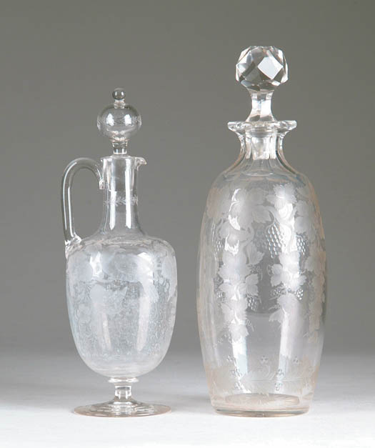 Appraisal: TWO CUT GLASS DECANTERS h cut glass decanter with oval