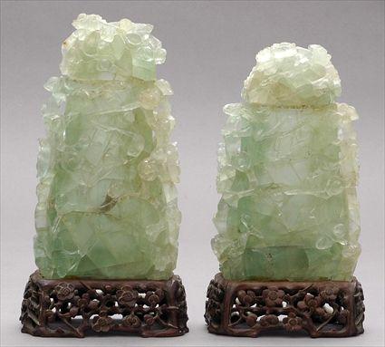 Appraisal: TWO CHINESE CARVED GREEN ROCK CRYSTAL JARS AND COVERS Of