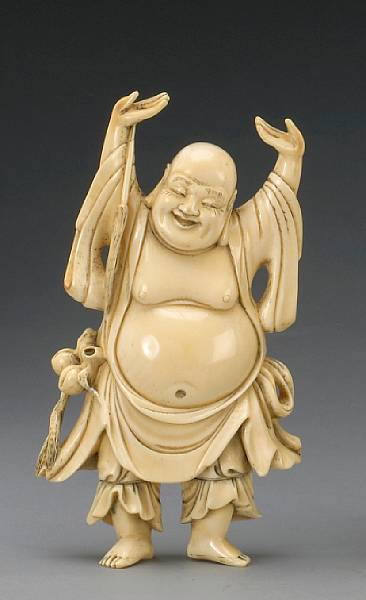 Appraisal: A tinted ivory figure of a laughing Budai th Century