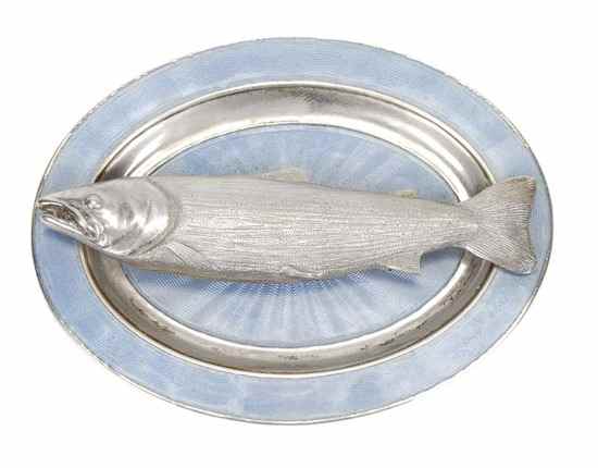 Appraisal: A silver and enamel model of a salmon on an