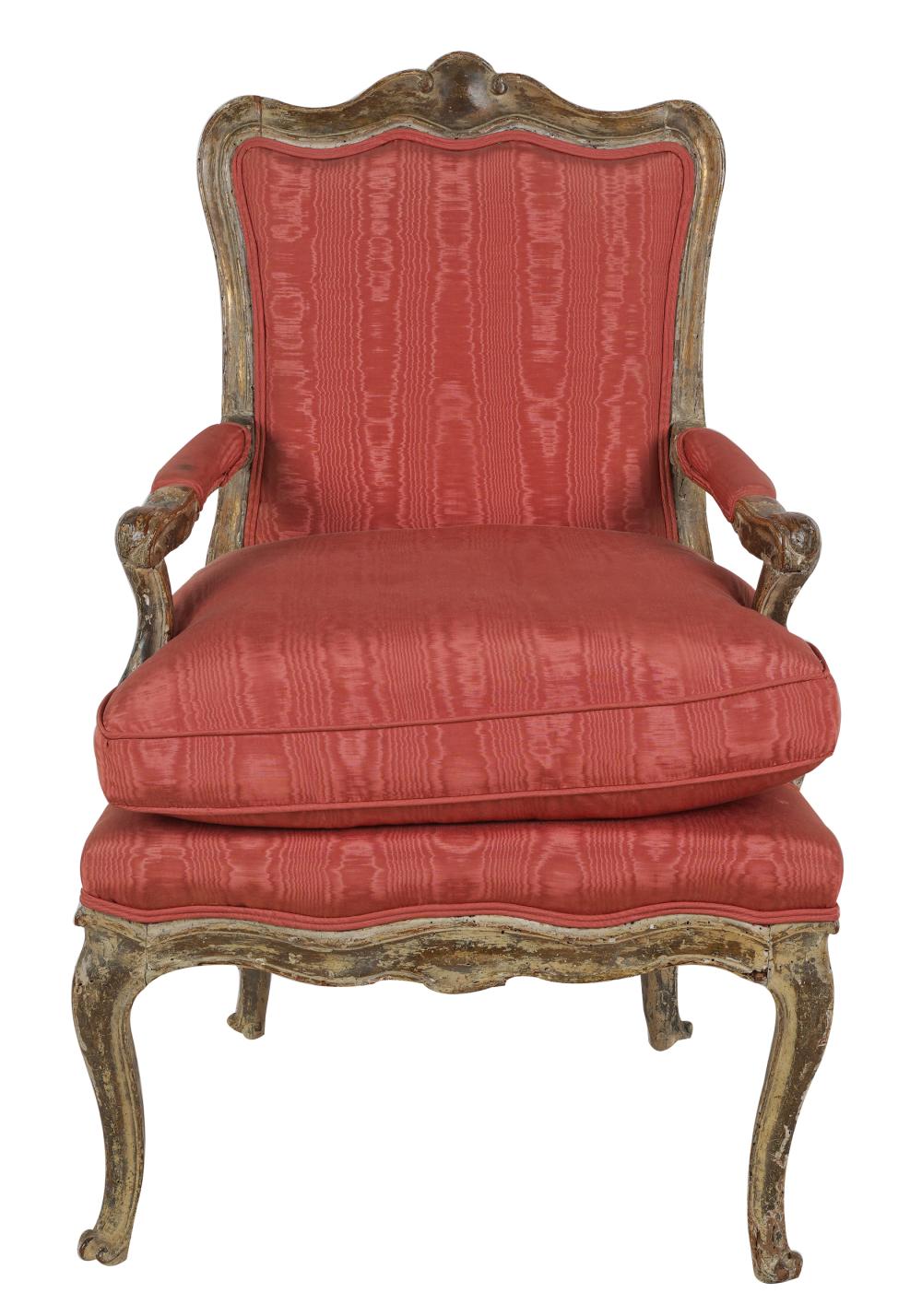 Appraisal: LOUIS XV-STYLE SILVERED FRUITWOOD FAUTEUILwith red silk upholstery Condition minor