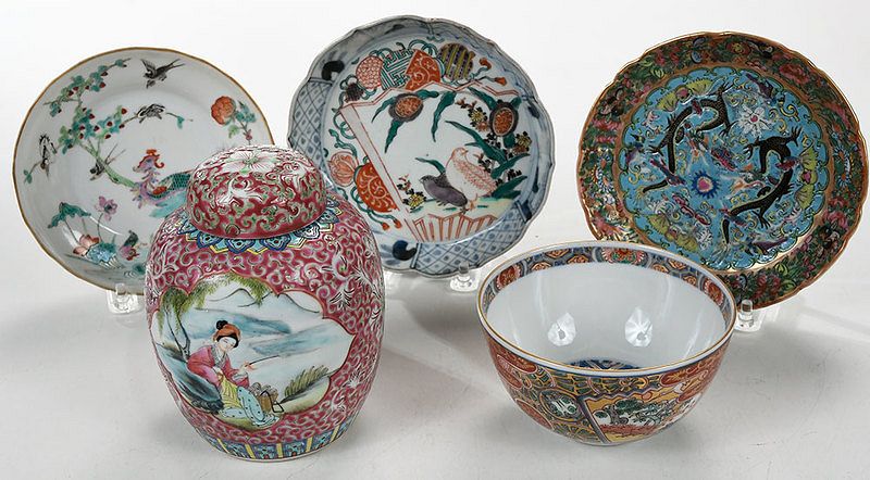 Appraisal: Five Pieces Enamel Decorated Chinese Porcelain comprising three shallow dishes