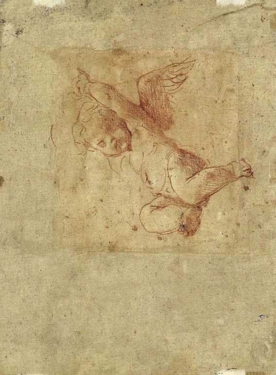 Appraisal: ITALIAN th CENTURY Flying putto Red chalk drawing Two old