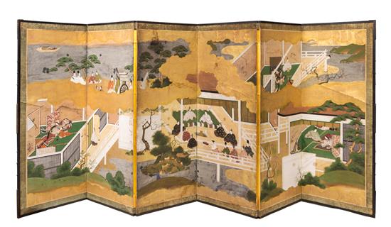 Appraisal: Sale Lot A Japanese Six-Panel Floor Screen th century depicting