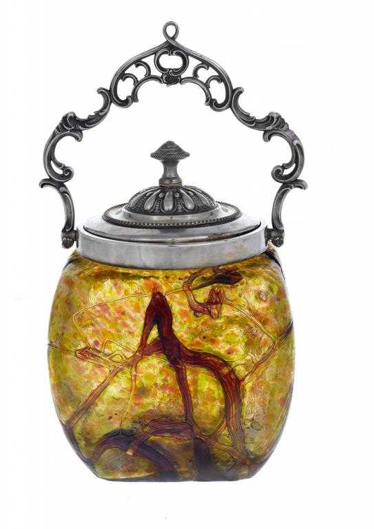 Appraisal: A BOHEMIAN IRIDESCENT GLASS BISCUIT BARREL ATTRIBUTED TO GLASFABRIK ELISABETH