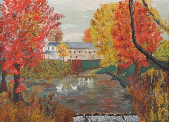 Appraisal: AMERICAN SCHOOL th century AUTUMN LANDSCAPE WITH PAIR OF SWANS