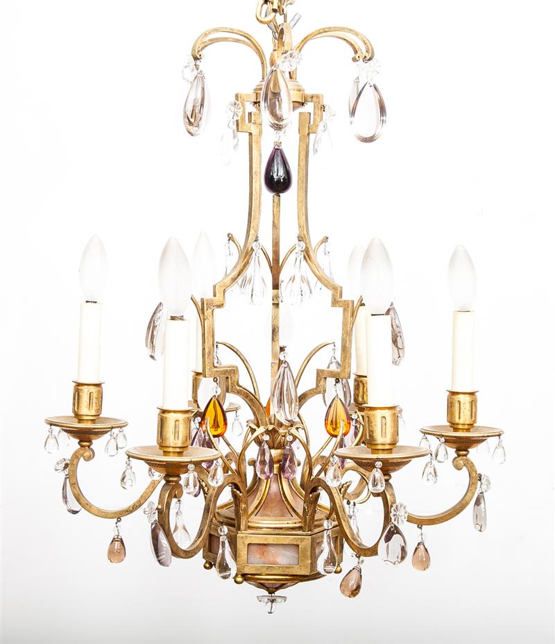 Appraisal: Baroque Style Gilt-Bronze and Colored and Clear Glass Six-Light Chandelier