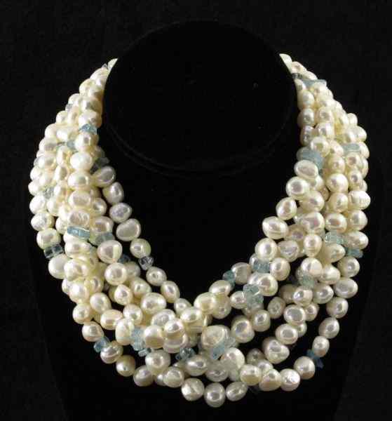 Appraisal: Freshwater Pearl and Aquamarine Necklacedesigned as a multi-strand necklace comprised