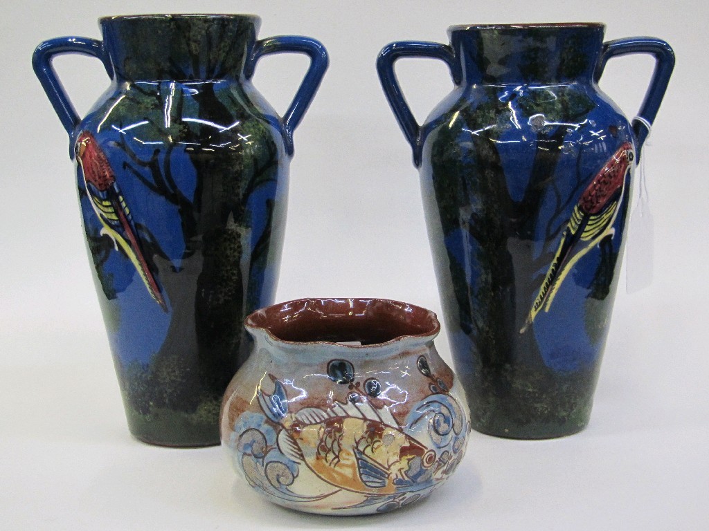 Appraisal: Pair of Torquay pottery vases decorated with parrots and a