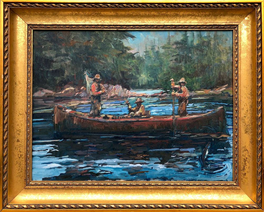 Appraisal: David Lazarus Oil on Canvas Three Fisherman in a Canoe