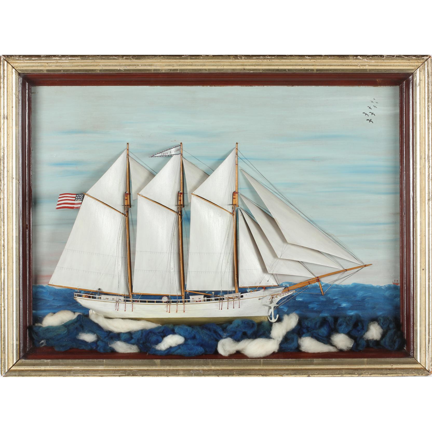 Appraisal: Wooden Half Hull Diorama of a Three-Masted American Schooner early