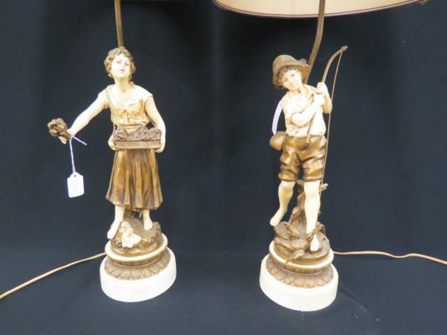 Appraisal: Pair of Figural Spelter Lamps boy fishing and girl selling