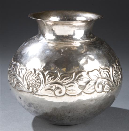 Appraisal: Peruvian sterling vase th century Flared rim with repousse fruit