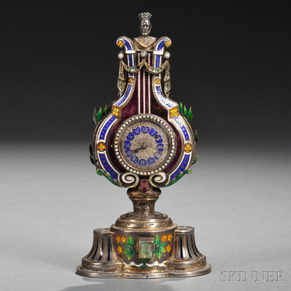 Appraisal: Viennese Silver Enamel and Jeweled Clock Austria late th century