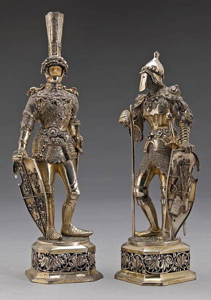 Appraisal: A pair of German silver and ivory knight figures Mark