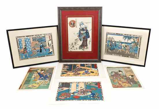 Appraisal: A Collection of Seven Japanese Woodblock Prints depicting traditional Edo