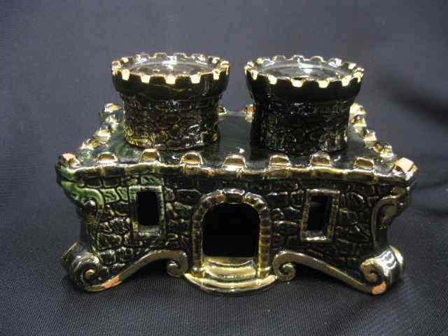 Appraisal: th Century Inkwell figural pottery castle green marblized on black