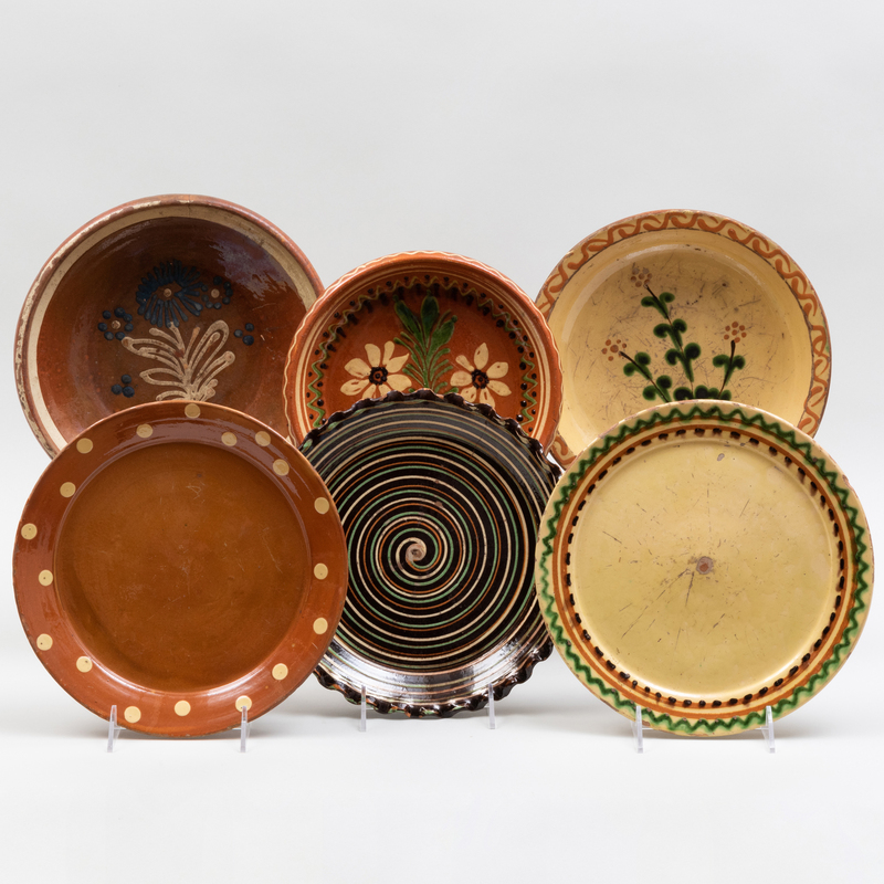 Appraisal: Group of Six Slipware Decorated Plates Unmarked The largest in