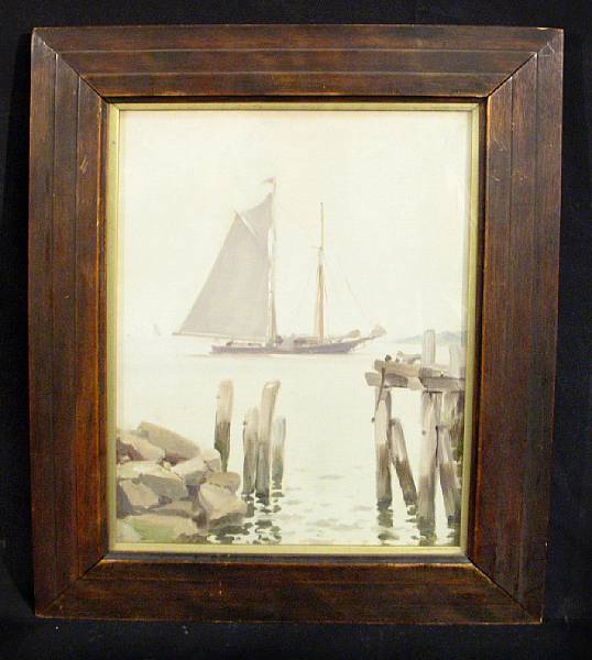 Appraisal: American School th century A Ship in Harbor with Mainsail