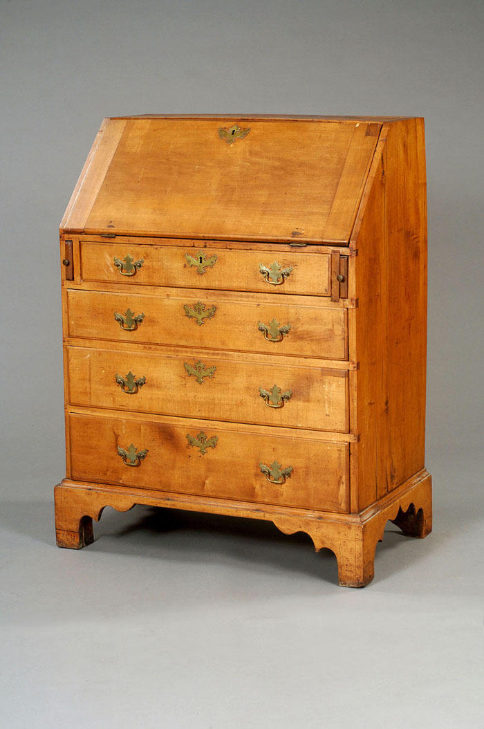 Appraisal: NEW HAMPSHIRE CHIPPENDALE MAPLE AND BIRCH SLANT-LID DESK The dovetailed