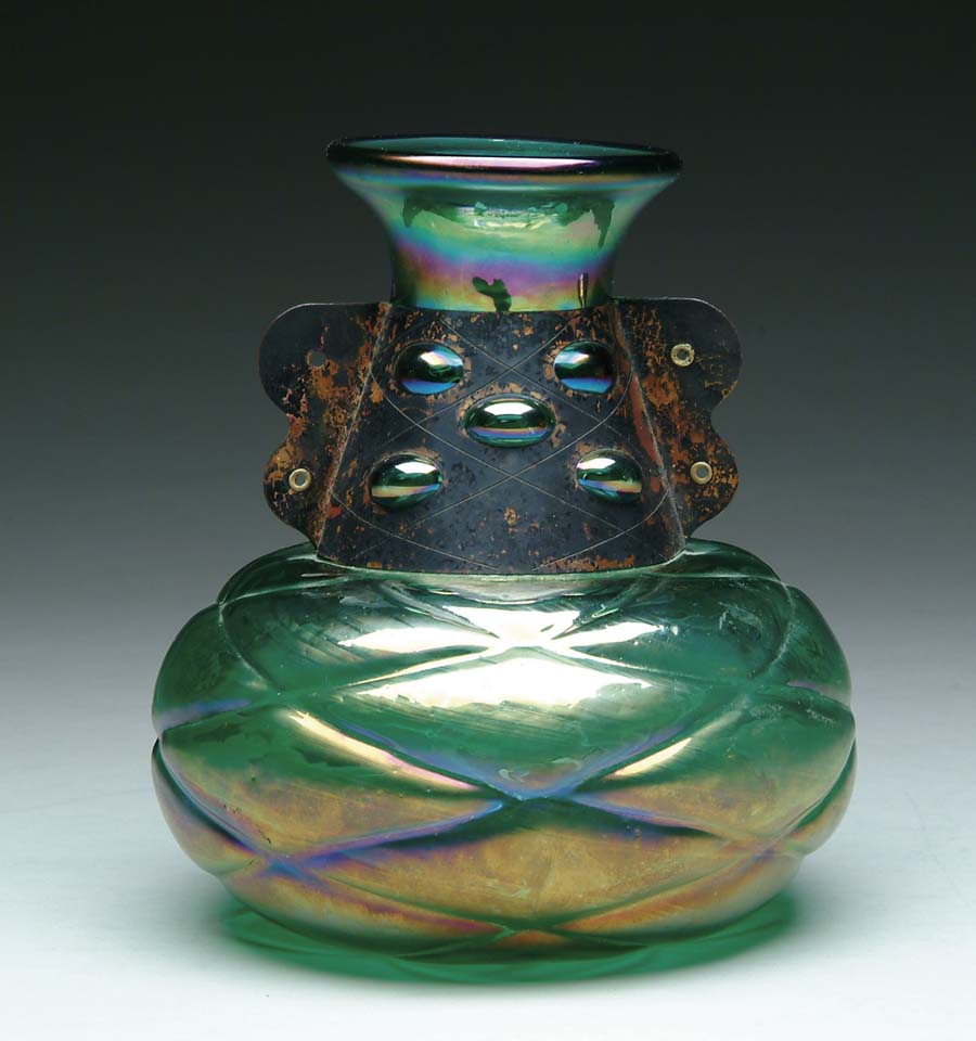 Appraisal: LOETZ TYPE ART GLASS VASE Iridescent green blown out diamond