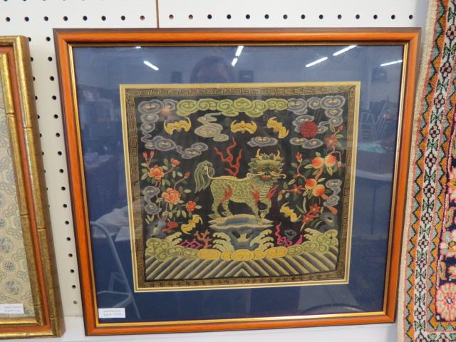 Appraisal: Chinese Embroidered Silk of a Foo Dog with bats flowers