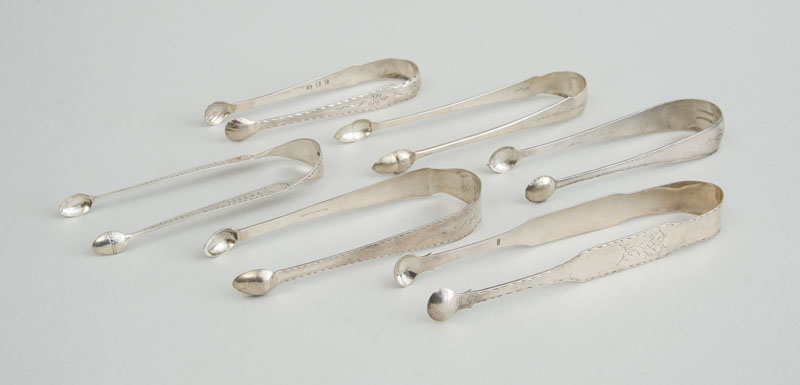 Appraisal: SIX AMERICAN BRIGHT CUT ENGRAVED SILVER PAIRS OF SUGAR TONGS