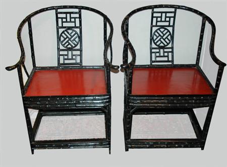 Appraisal: Pair of Chinese Black Painte Horseshoe Back Armchairs Estimate nbsp