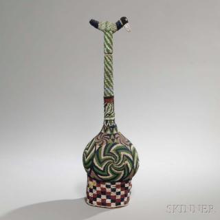 Appraisal: Cameroon Beaded Calabash with a bird-form stopper beaded allover with