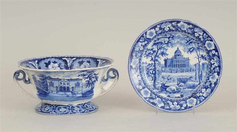 Appraisal: J W RIDGWAY BLUE TRANSFER-PRINTED TWO-HANDLED BOWL AND A ROGERS