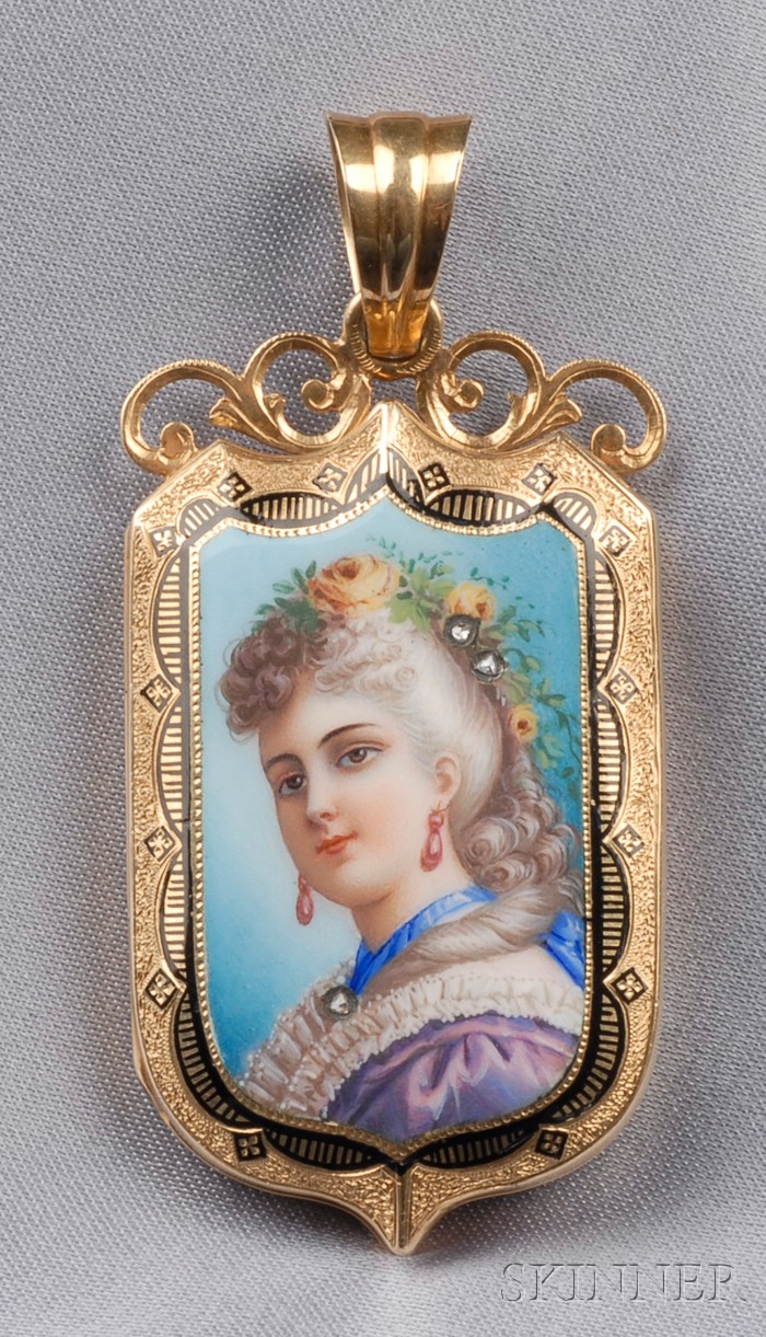 Appraisal: Antique kt Gold Enamel and Diamond Locket depicting a young