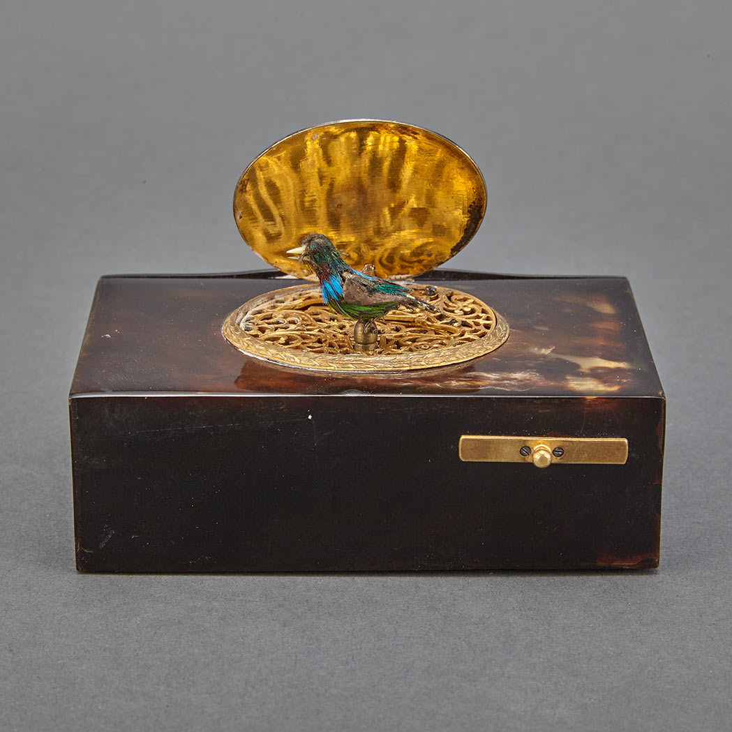 Appraisal: Continental Gilt-Metal Mounted Tortoise Shell Singing Bird Music Box Probably