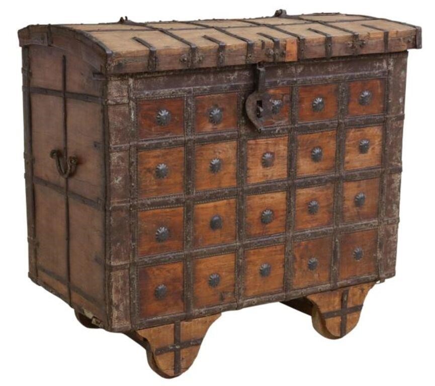 Appraisal: Large hardwood dowry chest India with iron strapwork hinged lid