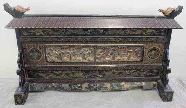 Appraisal: Black Lacquer Chinoiserie Decorated CarvedPagoda Style Table Screen From a