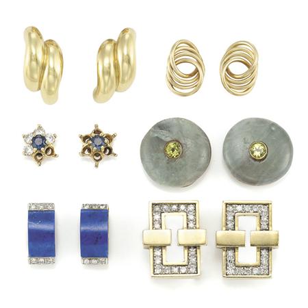 Appraisal: Six Pairs of Gold Diamond Gem-Set and Hardstone Earclips Estimate