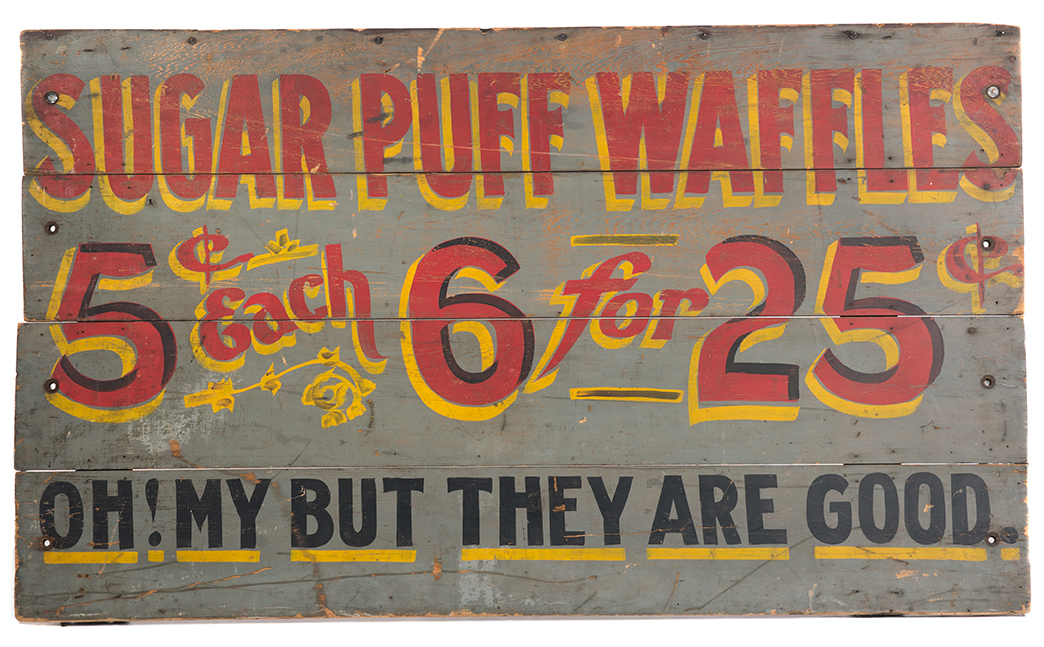 Appraisal: SUGAR PUFF WAFFLES TRADE SIGN Early th century Four-board construction