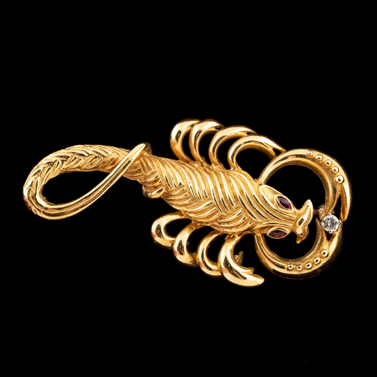 Appraisal: K YELLOW GOLD DIAMOND RUBY SCORPION BROOCH Karat yellow gold