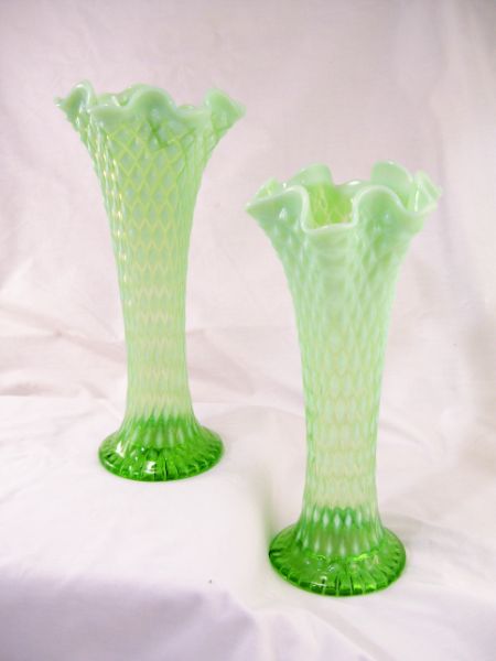 Appraisal: Pair of Green Opalescent Vases Tall Diamond Quilted green opalescent