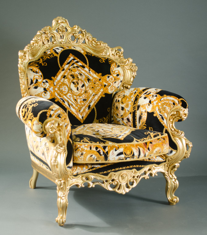 Appraisal: VERSACE GILTWOOD ARMCHAIR Louis XV style Italian th century black