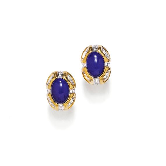 Appraisal: LAPIS LAZULI AND DIAMOND EAR CLIPS Yellow gold Casual-elegant ear