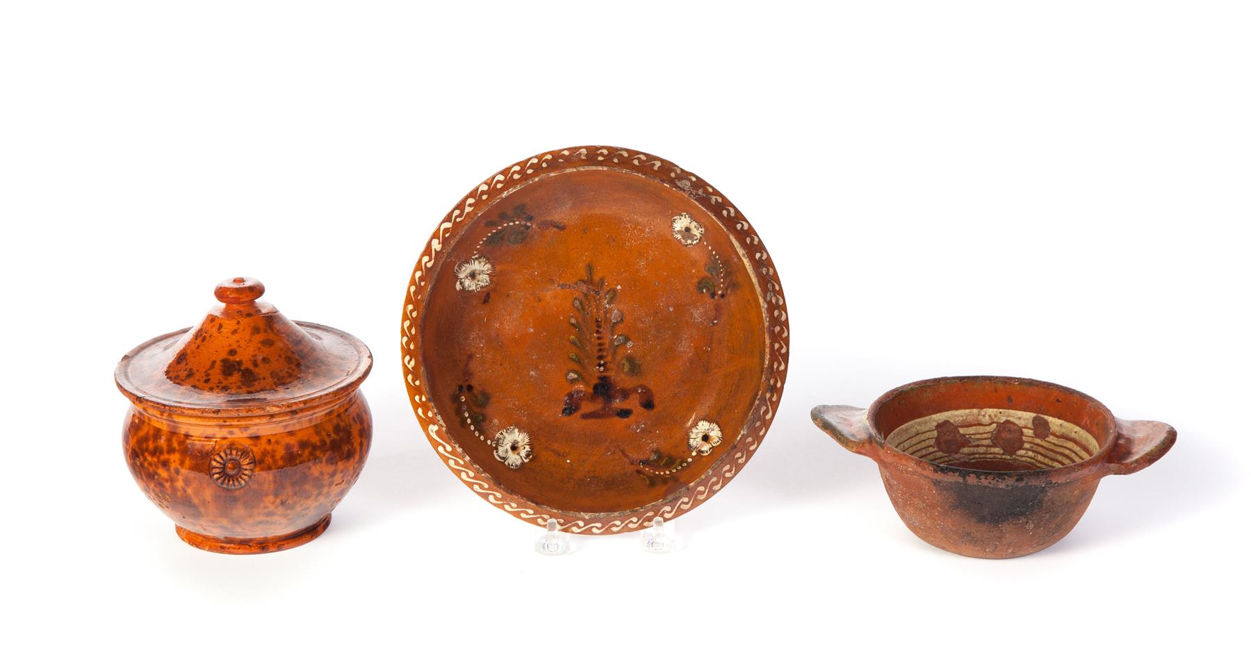 Appraisal: THREE REDWARE TABLE PIECES American st half- th century Covered