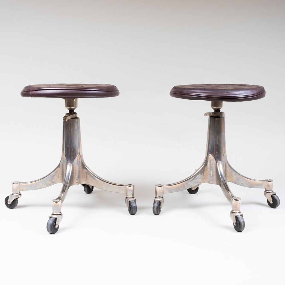 Appraisal: Pair of Darrell Landrum Modern Nickel Plated and Leather Stools